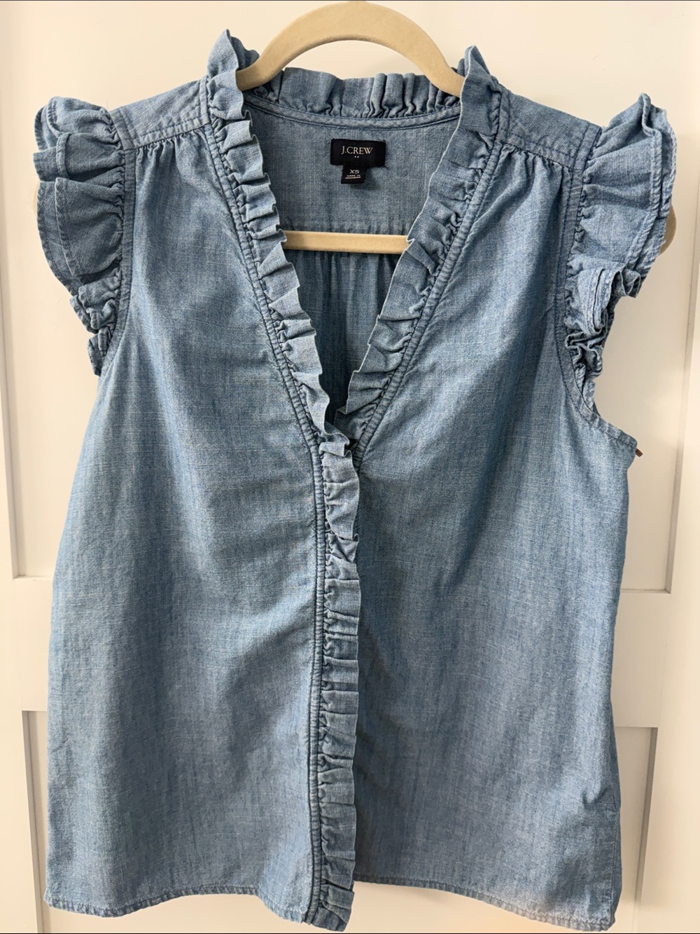 J. Crew Light Blue Chambray Ruffle Sleeve Top